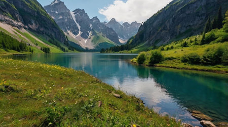 panoramic view of alpine lake in the swiss alps