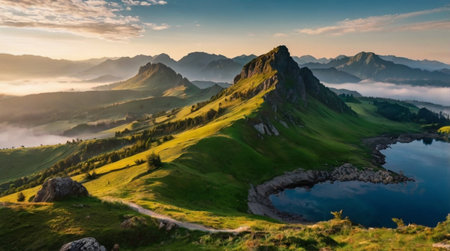 Panoramic view of a mountain lake in the Dolomites, Italy