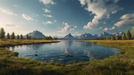 Panorama of the lake and mountains in the Altai Republic.