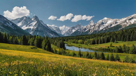 Panoramic view of alpine meadow with wildflowers and high mountains in background