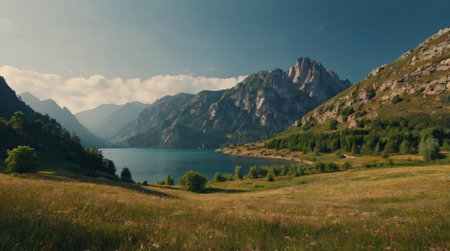 Beautiful alpine landscape with lake and mountains in the background.