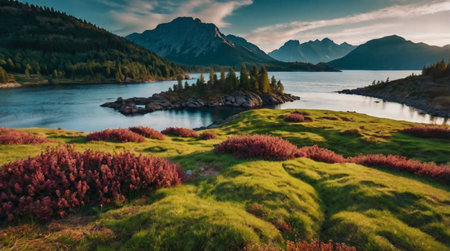 Beautiful lake in the mountains at sunset. Landscape with a mountain lake.