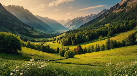 Beautiful panoramic view of idyllic alpine landscape.