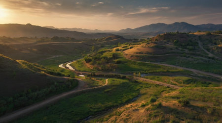 Aerial view of the road in the mountains at sunset. Summer landscape.