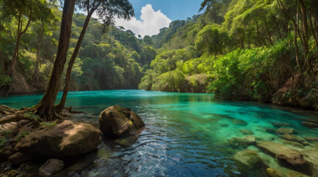 Panoramic view of a turquoise river in a tropical forest