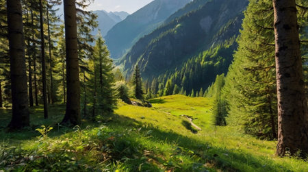 Mountain landscape with coniferous forest and green meadows.