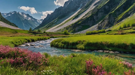 Panoramic view of a mountain river in a valley with alpine scenery.