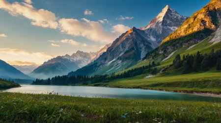 Panoramic view of the lake in the mountains at sunrise.