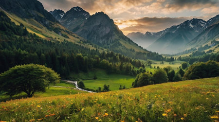 panoramic view of alpine meadow at sunset, Switzerland
