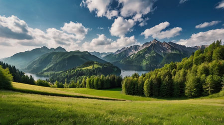 Panoramic view of the lake and mountains in Bavaria, Germany