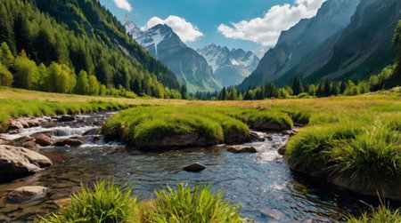 Panoramic view of the mountain river in the mountains. Beautiful summer landscape.