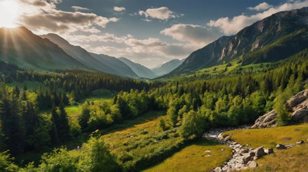 Panoramic view of the valley in the mountains. Beautiful summer landscape.