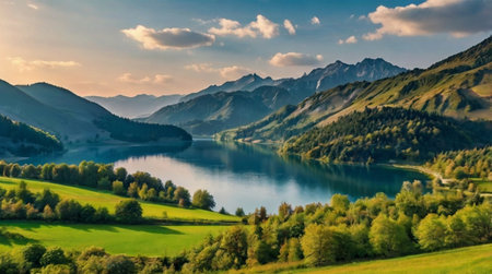 Panoramic view of the alpine lake. Beautiful summer landscape.