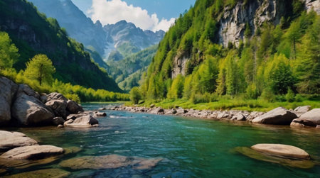Beautiful mountain river with clear water and high mountains in the background