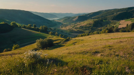 Mountain landscape with green meadows and hills at sunset. Carpathian, Ukraine