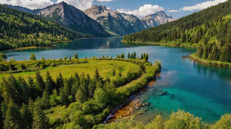 Aerial view of beautiful mountain lake with turquoise water and green forest
