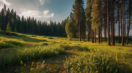 Beautiful summer landscape with pine trees and grass in the meadow