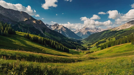 panoramic view of alpine meadow and mountains in summer