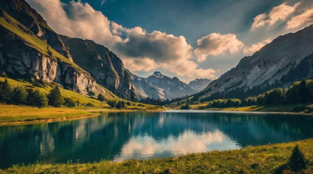 Mountain lake in the alps, Switzerland. Panoramic view