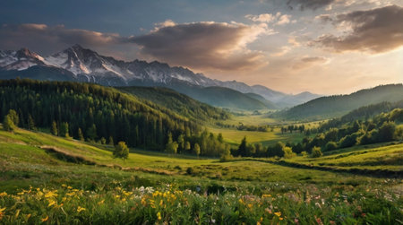 Panoramic view of mountains and meadow at sunset in summer