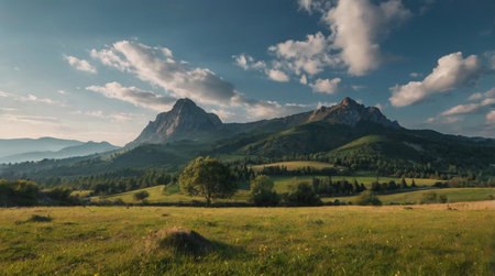 Panoramic view of Dolomites mountains in summer, Italy