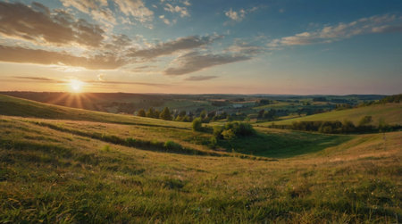 Sunset over a meadow in summer. Landscape panorama.