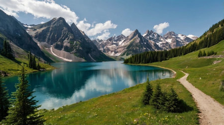 Panoramic view of turquoise mountain lake in summer day