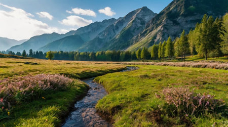 Panoramic view of a small mountain river in the Alps.