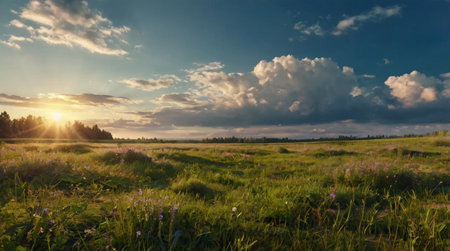 Beautiful summer landscape with green meadow and blue sky with clouds
