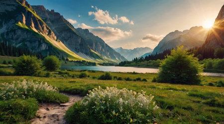 Beautiful alpine landscape with lake and mountains in the background.