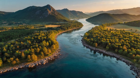 Aerial view of the Katun river in the Altai Republic.