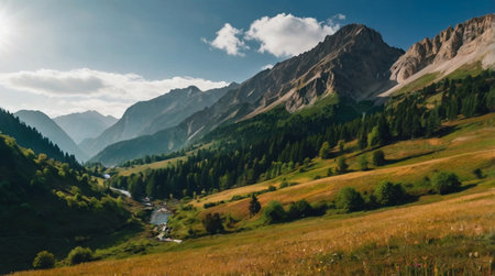 Panoramic view of the mountains and the river in the valley