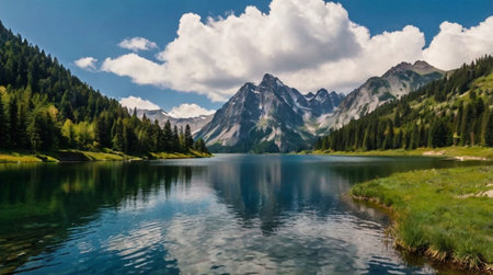 Panoramic view of a lake in the Dolomites, Italy
