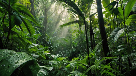 tropical rainforest with green leaves and sunbeams in the morning