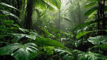 Tropical rainforest with green leaves and sunlight. Nature background