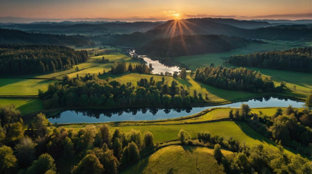 Aerial view of beautiful sunset over lake in the Carpathian mountains