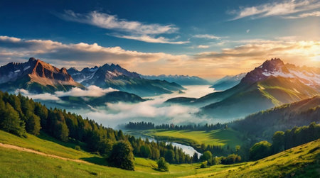 Foggy morning in the mountains. Colorful summer landscape in the Alps.の写真素材