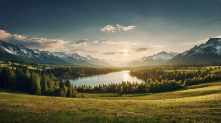 Panoramic view of alpine lake and mountains at sunset.