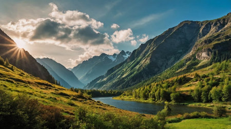 Panoramic view of the mountain lake in the high Alps.