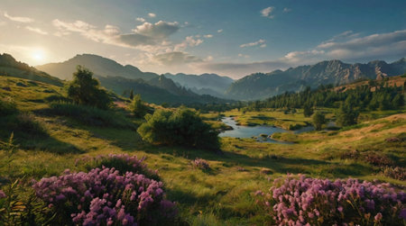 Panoramic view of a mountain lake in the mountains. Summer landscape.の写真素材