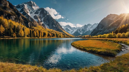 panoramic view of alpine lake in autumn at sunny day
