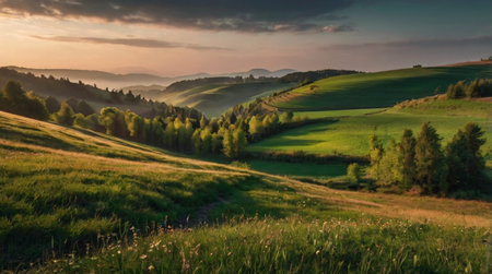 Sunset in the mountains. Beautiful summer landscape in the Carpathians.