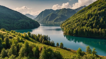 Panoramic view of beautiful alpine lake in the mountains.