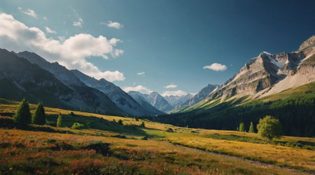 Mountain landscape with meadow and forest. Panoramic view