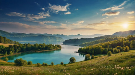 Beautiful summer landscape with a lake and mountains. Panorama.の写真素材