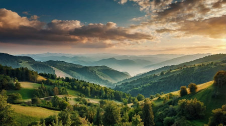 Panoramic view of the beautiful Carpathian mountains at sunset