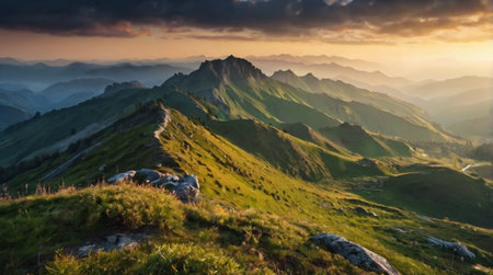 Mountain landscape at sunset in the Carpathian Mountains, Ukraine