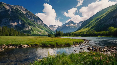 Panoramic view of the mountain lake in the Altai mountains