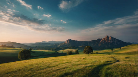 Panoramic view of meadows and mountains in the morning light