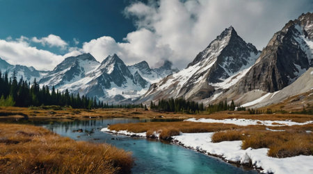 Panoramic view of snow-capped mountains and river.
